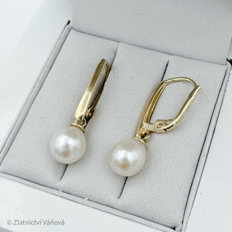 Žluté zlato náušnice s perlou na klapku